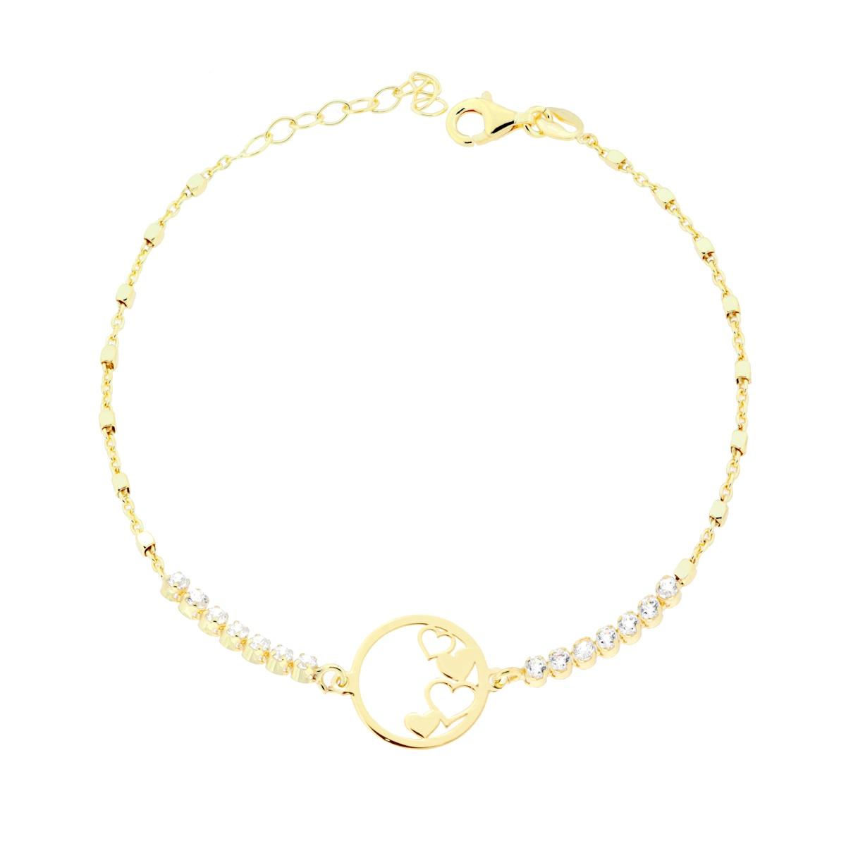 Bracciale Catena Forzatina con Cubetti Tennis Cubic Zirconia Bianchi e Cuori in ARGENTO 925 Galvanica Oro