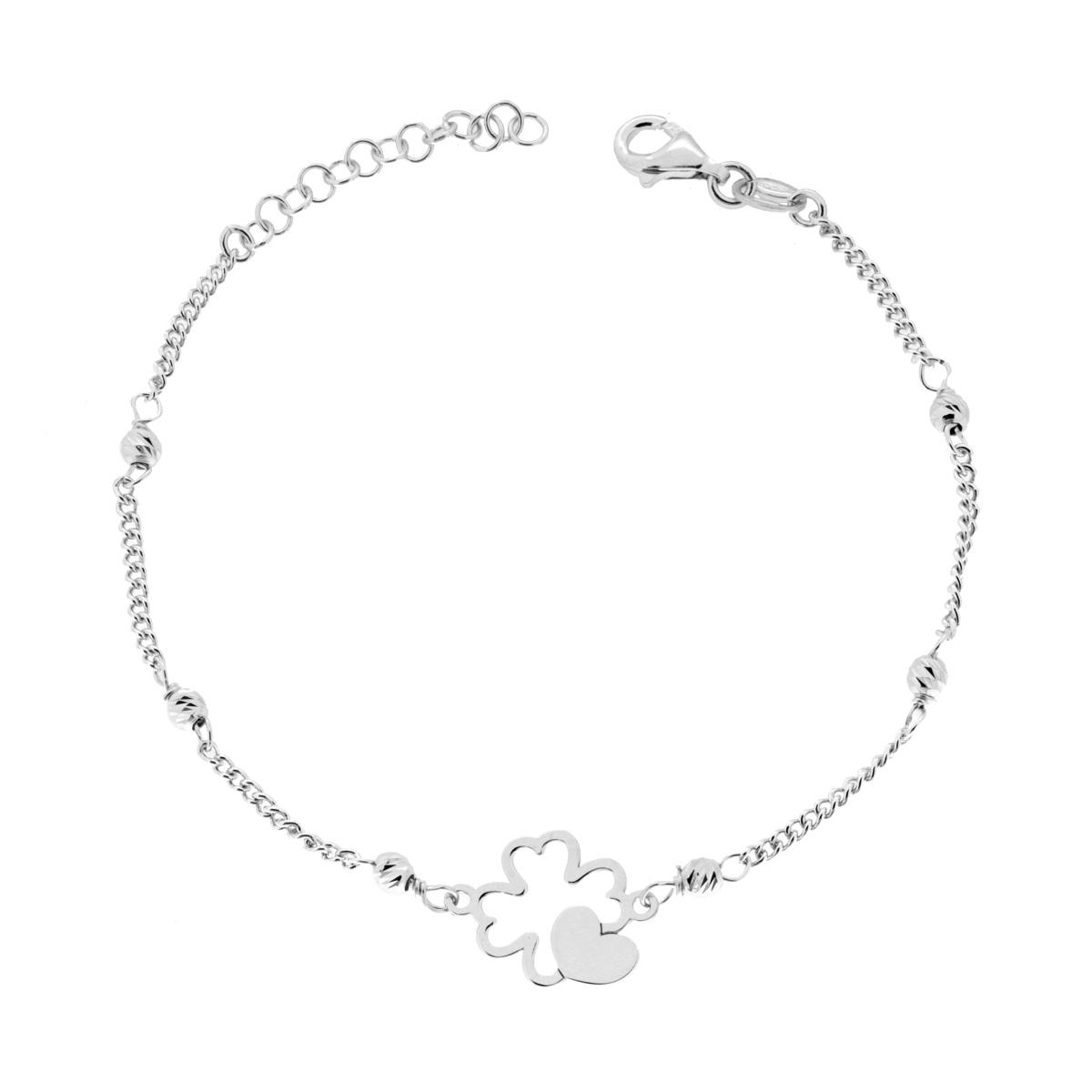 Bracciale Catena Grumetta con Palline Slash Quadrifoglio e Cuore in ARGENTO 925 Galvanica Rodio