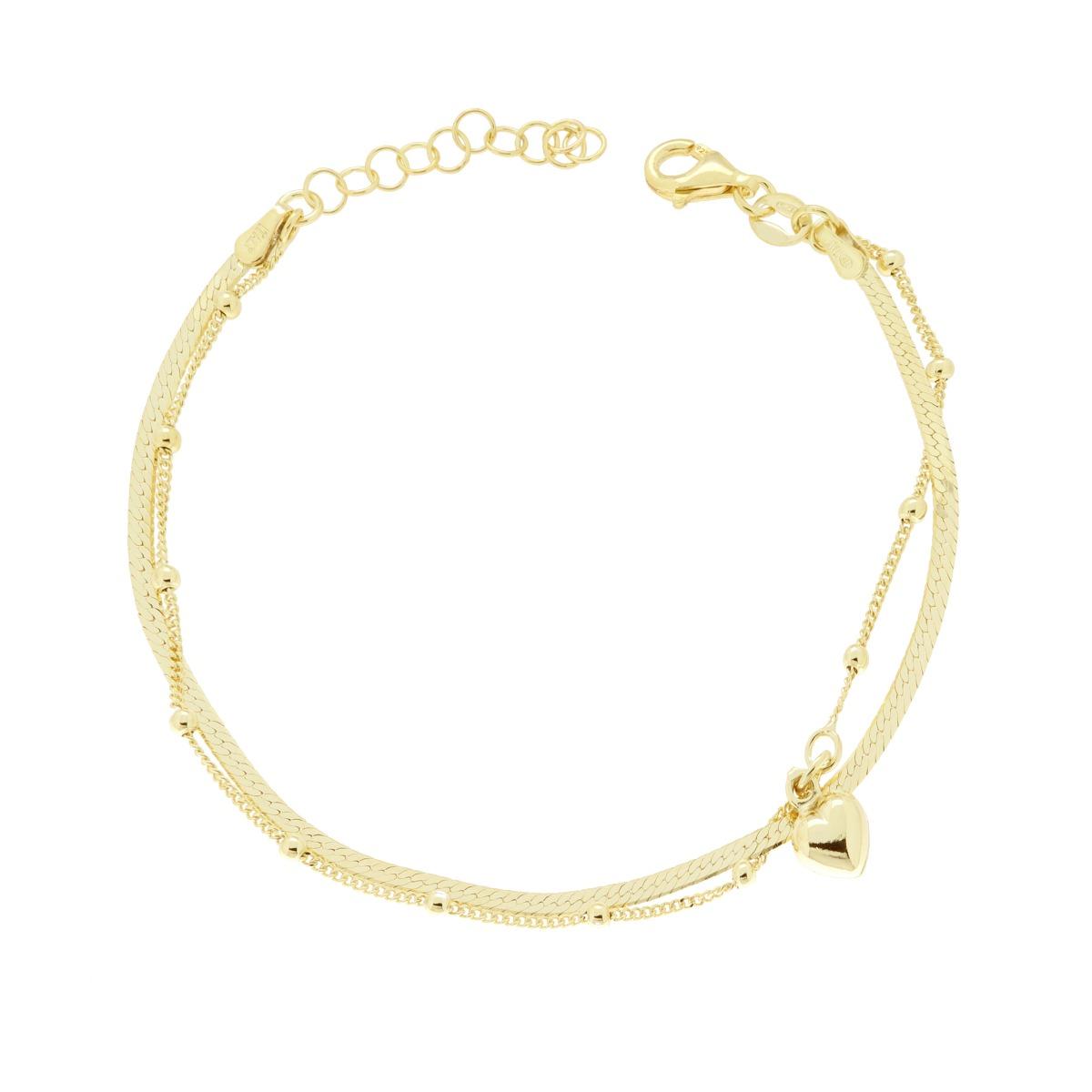 Bracciale due fili Catena Magik e Grumetta con Palline e Cuore in ARGENTO 925 Galvanica Oro