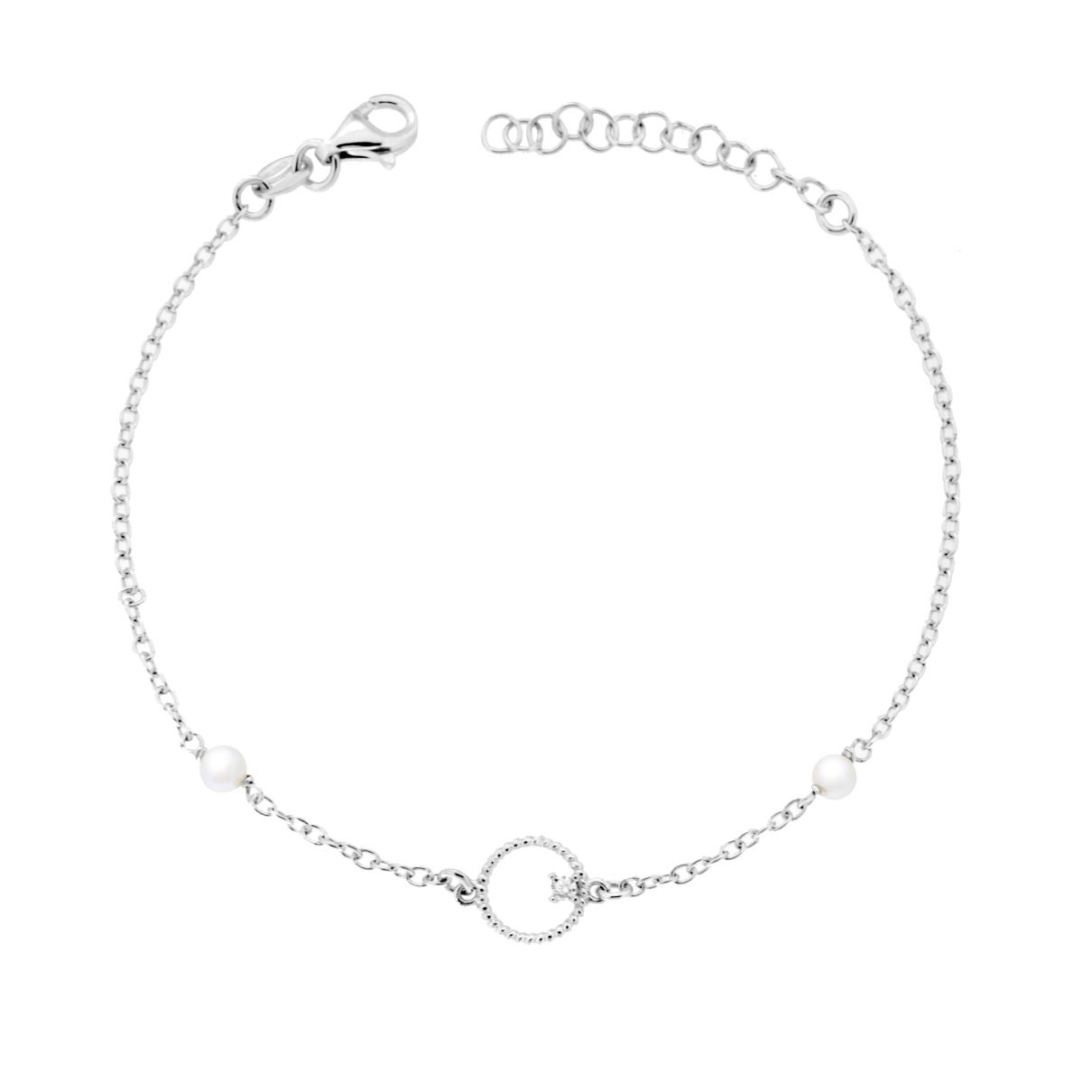 Bracciale Catena Forzatina Diamantata con Perle e Cerchio con Punto Luce Cubic Zirconia Bianco in ARGENTO 925 Galvanica Rodio