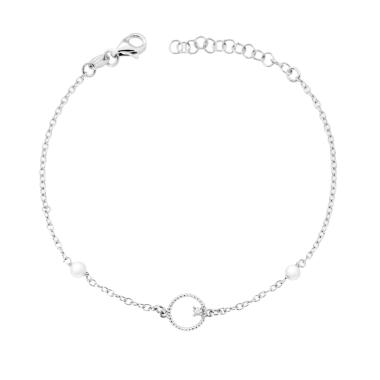 Bracciale Catena Forzatina Diamantata con Perle e Cerchio con Punto Luce Cubic Zirconia Bianco in ARGENTO 925 Galvanica Rodio
