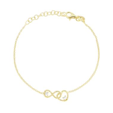 Bracciale Catena Forzatina Diamantata con Cuore Infinito e Punto Luce Cubic Zirconia Bianco in ARGENTO 925 Galvanica Oro