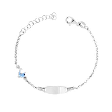 Bracciale Targa Bimbo Bimba con Catena Rolo e Delfino Smalto Azzurro e Bianco in ARGENTO 925 Galvanica Rodio