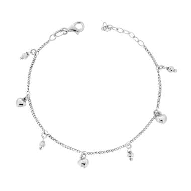 Bracciale Catena Grumetta Diamantata con Cuori e Palline Slash pendenti in ARGENTO 925 Galvanica Rodio