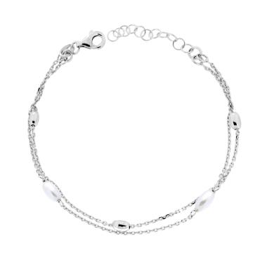 Bracciale due fili Catena Forzatina Diamantata con Ovaline e Perle in ARGENTO 925 Galvanica Rodio