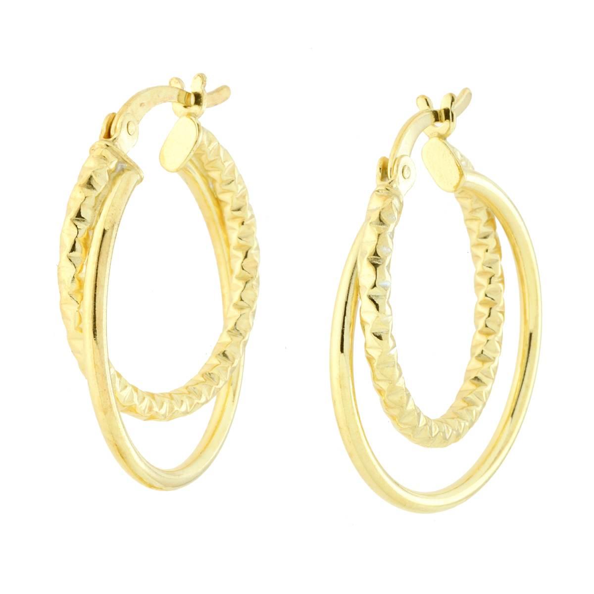 Orecchini Cerchio Doppia Canna Diamantata e Liscia in ARGENTO 925 Galvanica Oro