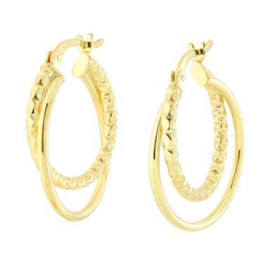 Orecchini Cerchio Doppia Canna Diamantata e Liscia in ARGENTO 925 Galvanica Oro