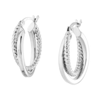 Orecchini Cerchio Doppia Canna Ovale Diamantata e Liscia in ARGENTO 925 Galvanica Rodio