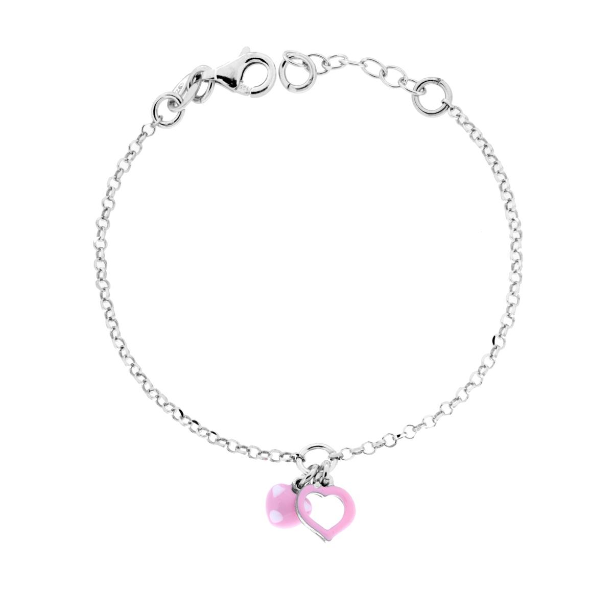 Bracciale Bimbo Bimba con Catena Rolo Diamantata e Cuori Smalto Rosa e Bianco in ARGENTO 925 Galvanica Rodio
