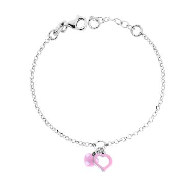 Bracciale Bimbo Bimba con Catena Rolo Diamantata e Cuori Smalto Rosa e Bianco in ARGENTO 925 Galvanica Rodio