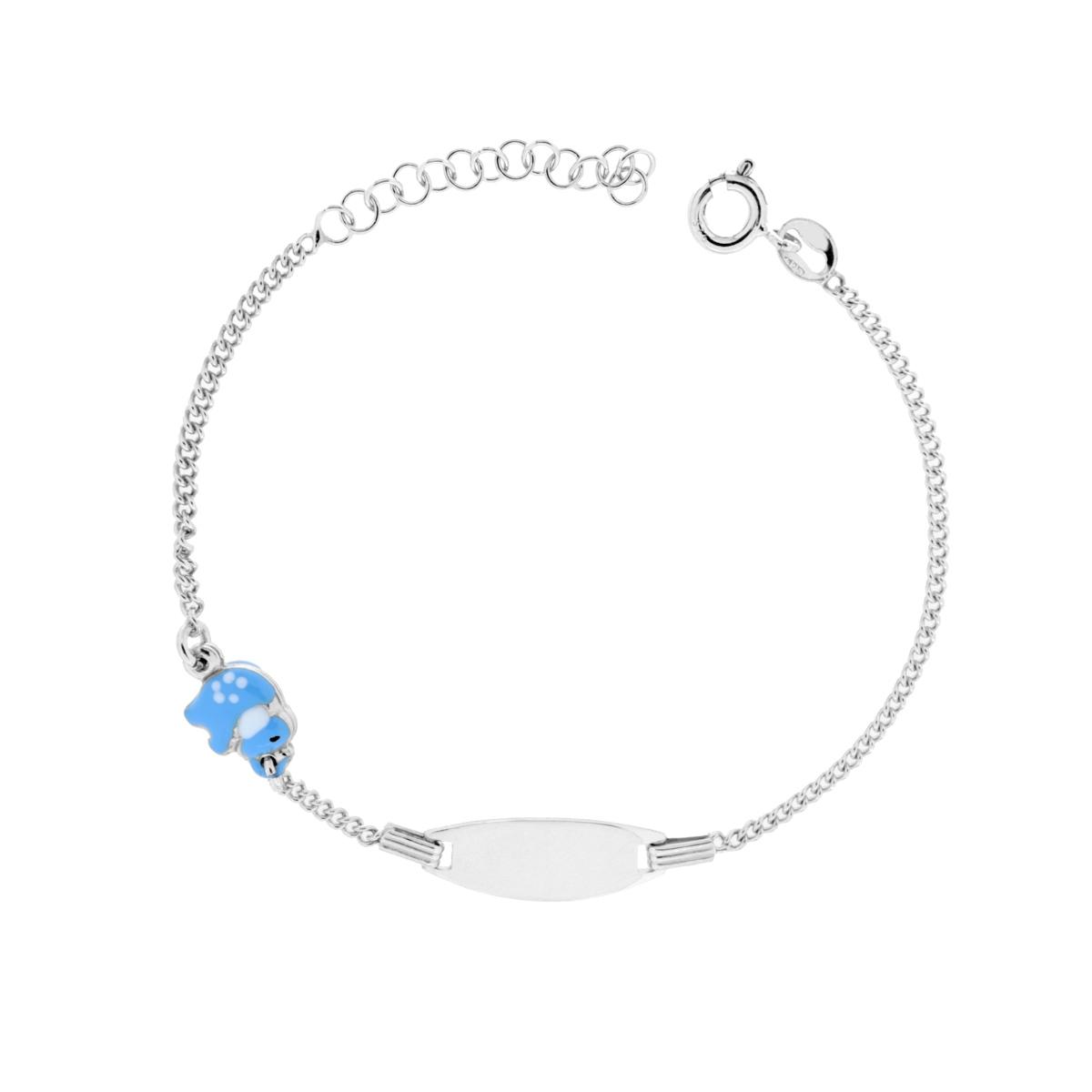 Bracciale Targa Bimbo Bimba con Catena Grumetta Diamantata ed Elefante Smalto Azzurro e Bianco in ARGENTO 925 Galvanica Rodio
