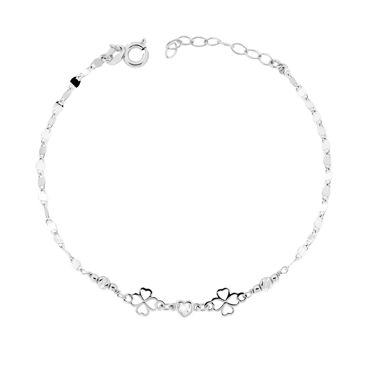Bracciale Catena Specchio con Quadrifogli Cuore Cubic Zirconia Bianco e Palline Slash in ARGENTO 925 Galvanica Rodio