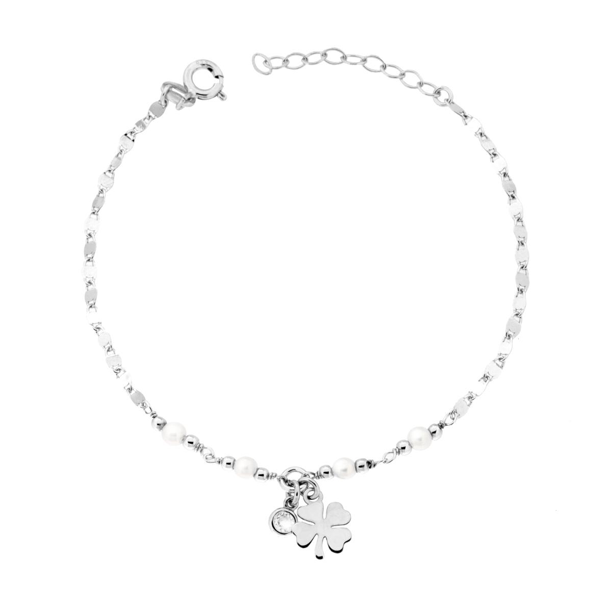 Bracciale Catena Specchio e Perle con Quadrifoglio e Punto Luce in ARGENTO 925 Galvanica Rodio