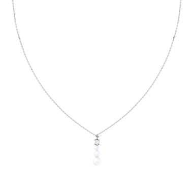Collana Catena Forzatina Diamantata con Punto Luce Cubic Zirconia Bianco e Trilogy di Perle in ARGENTO 925 Galvanica Rodio
