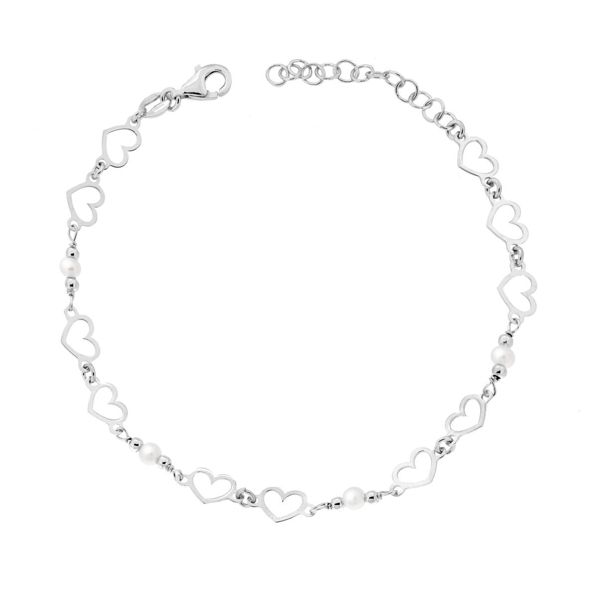 Bracciale Catena di Cuori e Perle in ARGENTO 925 Galvanica Rodio