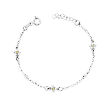 Bracciale Bimbo Bimba con Catena Rolo Diamantata Palline Slash e Fiori con Smalto Bianco e Giallo in ARGENTO 925 Galvanica Rodio