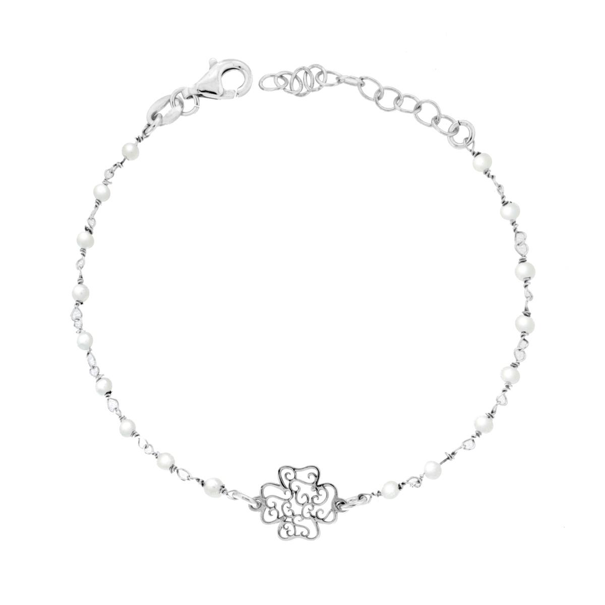 Bracciale Catena con Perle e Quadrifoglio Traforato in ARGENTO 925 Galvanica Rodio