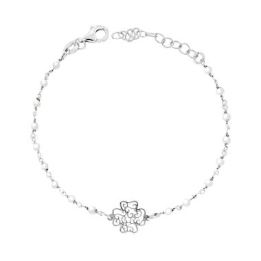 Bracciale Catena con Perle e Quadrifoglio Traforato in ARGENTO 925 Galvanica Rodio