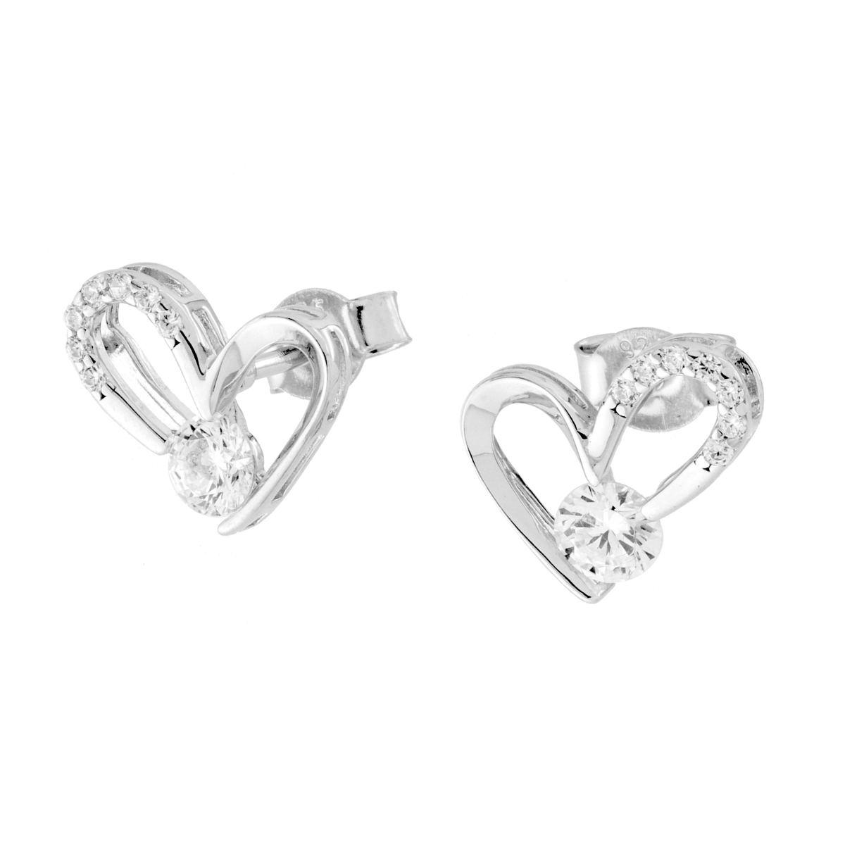 Orecchini Cuore con Punto Luce e Cubic Zirconia Bianchi in ARGENTO 925 Galvanica Rodio