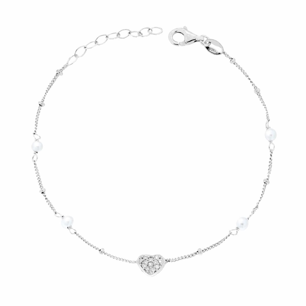 Bracciale Catena Grumetta Diamantata con Cuore con Cubic Zirconia Bianchi e Perle in ARGENTO 925 Galvanica Rodio