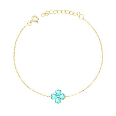 Bracciale Catena Forzatina Diamantata con Quadrifoglio Cubic Zirconia Acquamarina Verde in ARGENTO 925 Galvanica Oro