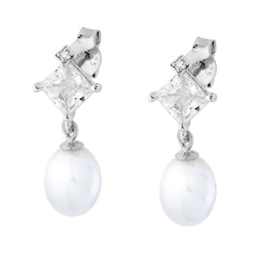Orecchini Punto Luce Cubic Zirconia Quadrato Bianco con Perla Ovale pendente in ARGENTO 925 Galvanica Rodio