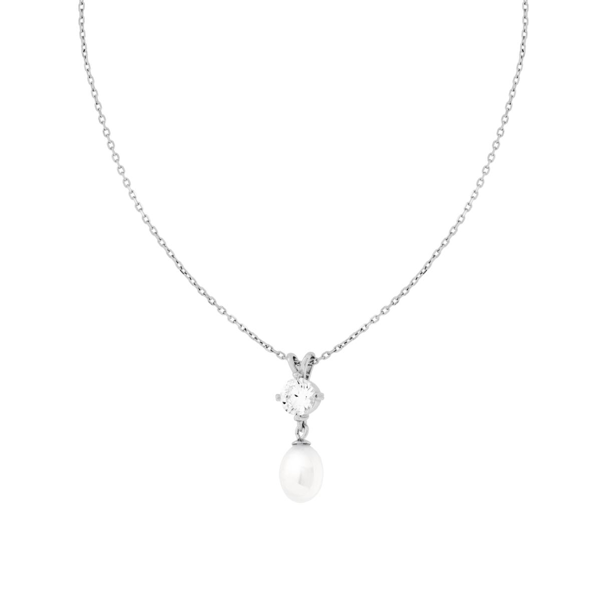 Collana Catena Forzatina Diamantata con Punto Luce Cubic Zirconia Bianco e Perla Ovale pendente in ARGENTO 925 Galvanica Rodio