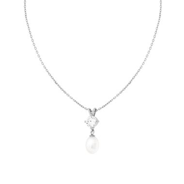Collana Catena Forzatina Diamantata con Punto Luce Cubic Zirconia Bianco e Perla Ovale pendente in ARGENTO 925 Galvanica Rodio