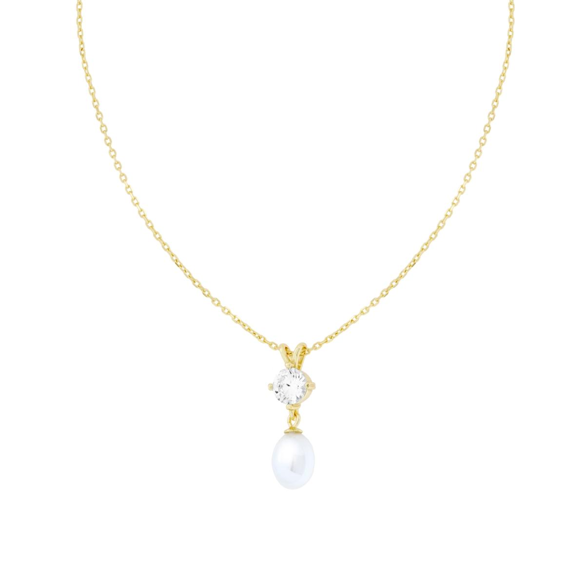 Collana Catena Forzatina Diamantata con Punto Luce Cubic Zirconia Bianco e Perla pendente in ARGENTO 925 Galvanica Oro