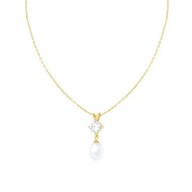 Collana Catena Forzatina Diamantata con Punto Luce Cubic Zirconia Bianco e Perla pendente in ARGENTO 925 Galvanica Oro