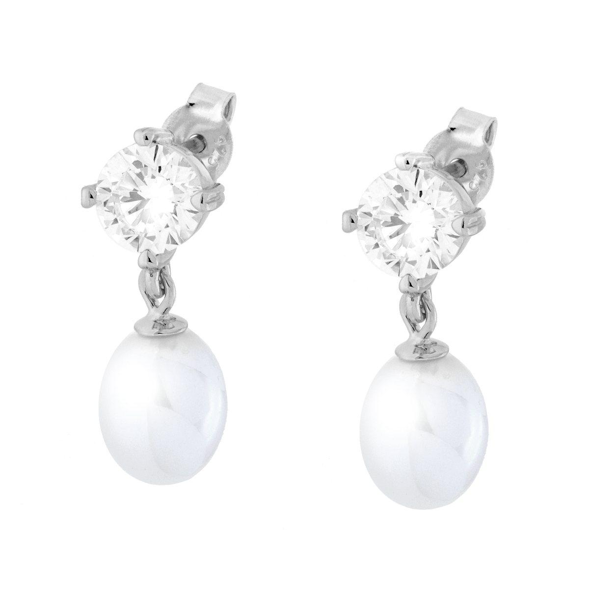 Orecchini Punto Luce Cubic Zirconia Bianco con Perla Ovale pendente in ARGENTO 925 Galvanica Rodio