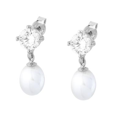 Orecchini Punto Luce Cubic Zirconia Bianco con Perla Ovale pendente in ARGENTO 925 Galvanica Rodio