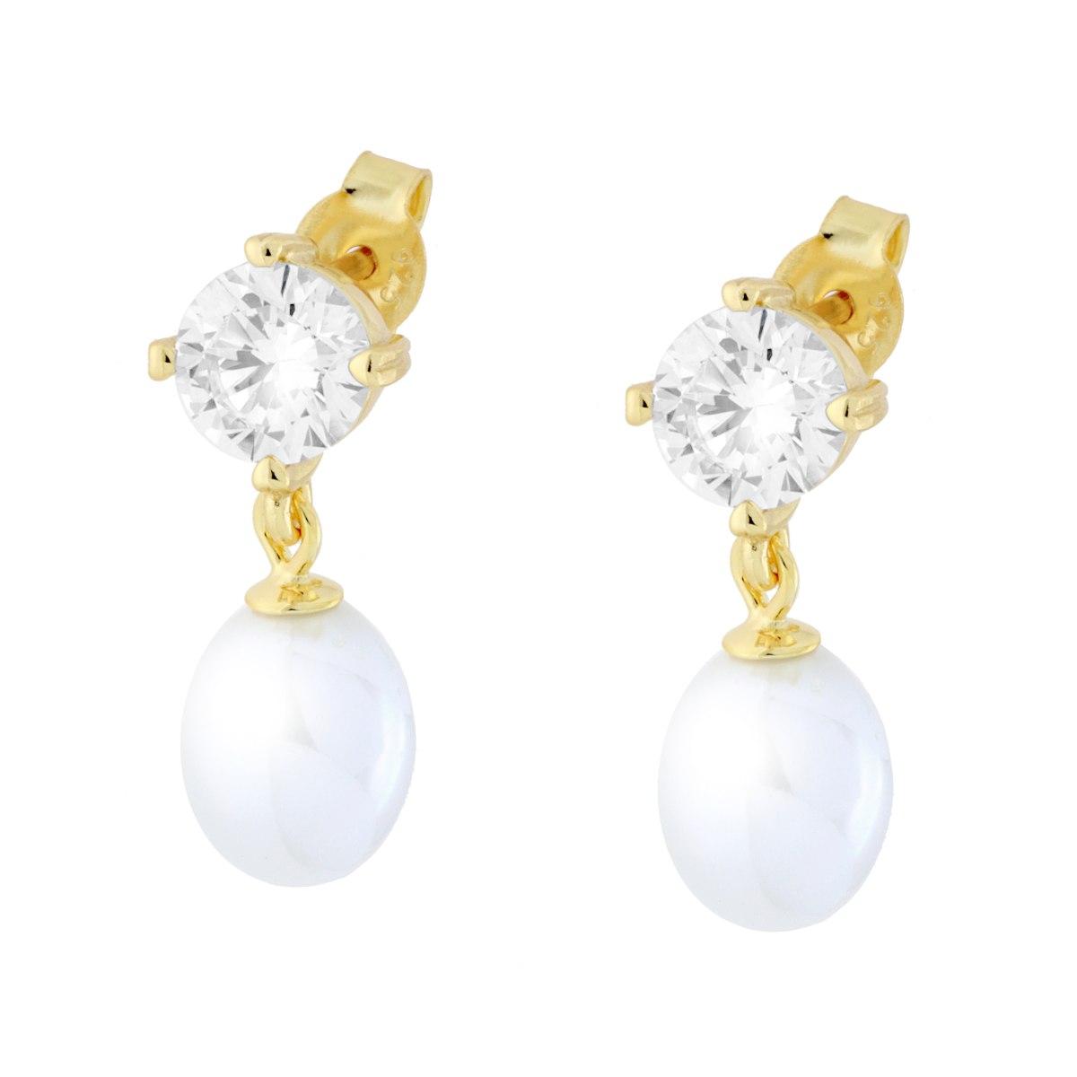 Orecchini Punto Luce Cubic Zirconia Bianco con Perla Ovale pendente in ARGENTO 925 Galvanica Oro