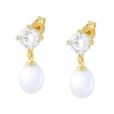 Orecchini Punto Luce Cubic Zirconia Bianco con Perla Ovale pendente in ARGENTO 925 Galvanica Oro