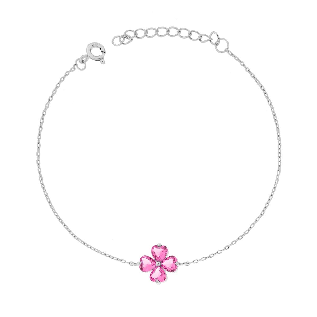 Bracciale Catena Forzatina Diamantata con Quadrifoglio Cubic Zirconia Rosa in ARGENTO 925 Galvanica Rodio