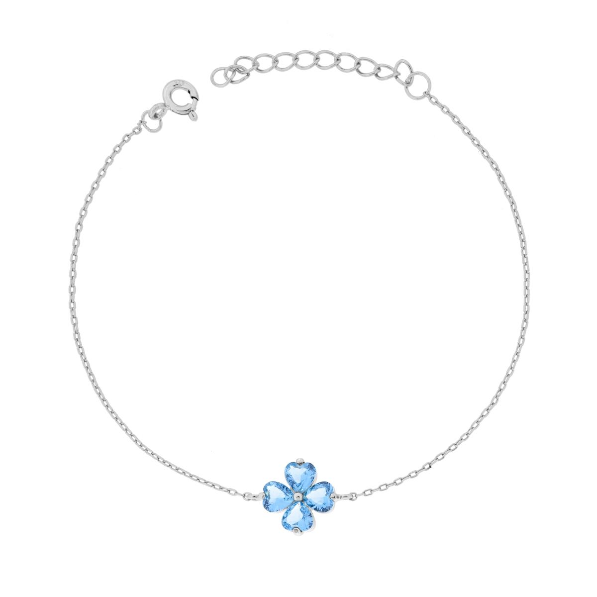 Bracciale Catena Forzatina Diamantata con Quadrifoglio Cubic Zirconia Acquamarina in ARGENTO 925 Galvanica Rodio