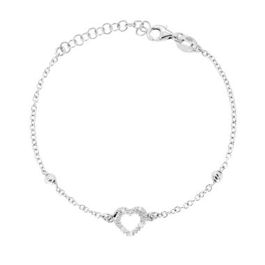 Bracciale Catena Forzatina con Cuore Diamantato e Palline Slash in ARGENTO 925 Galvanica Rodio