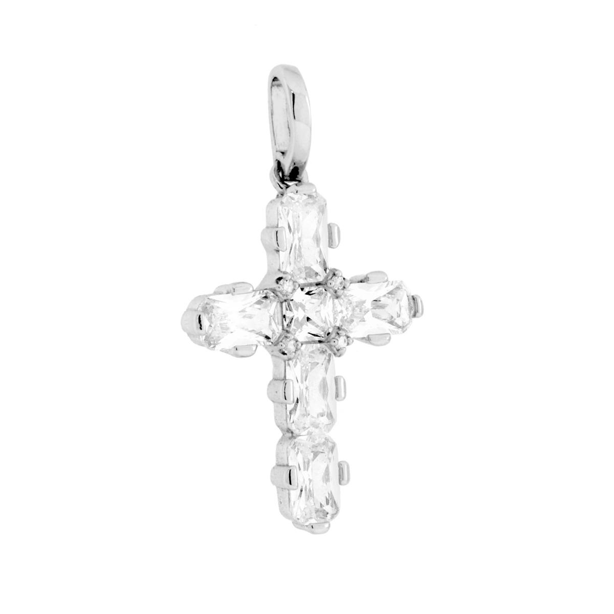 Ciondolo Croce con Cubic Zirconia Bianchi in ARGENTO 925 Galvanica Rodio