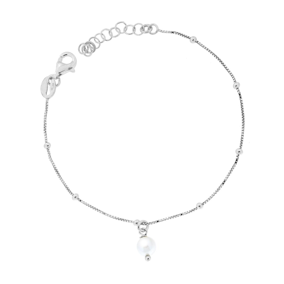 Bracciale Catena Veneziana Diamantata con Perla pendente in ARGENTO 925 Galvanica Rodio