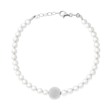 Bracciale Perle Bianche con Pallina Diamantata in ARGENTO 925 Galvanica Rodio