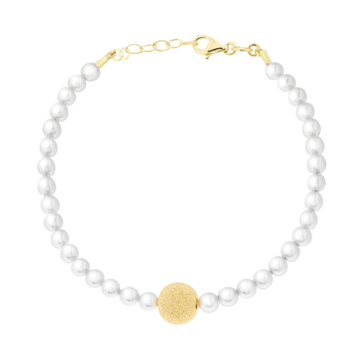 Bracciale Perle Bianche con Pallina Diamantata in ARGENTO 925 Galvanica Oro
