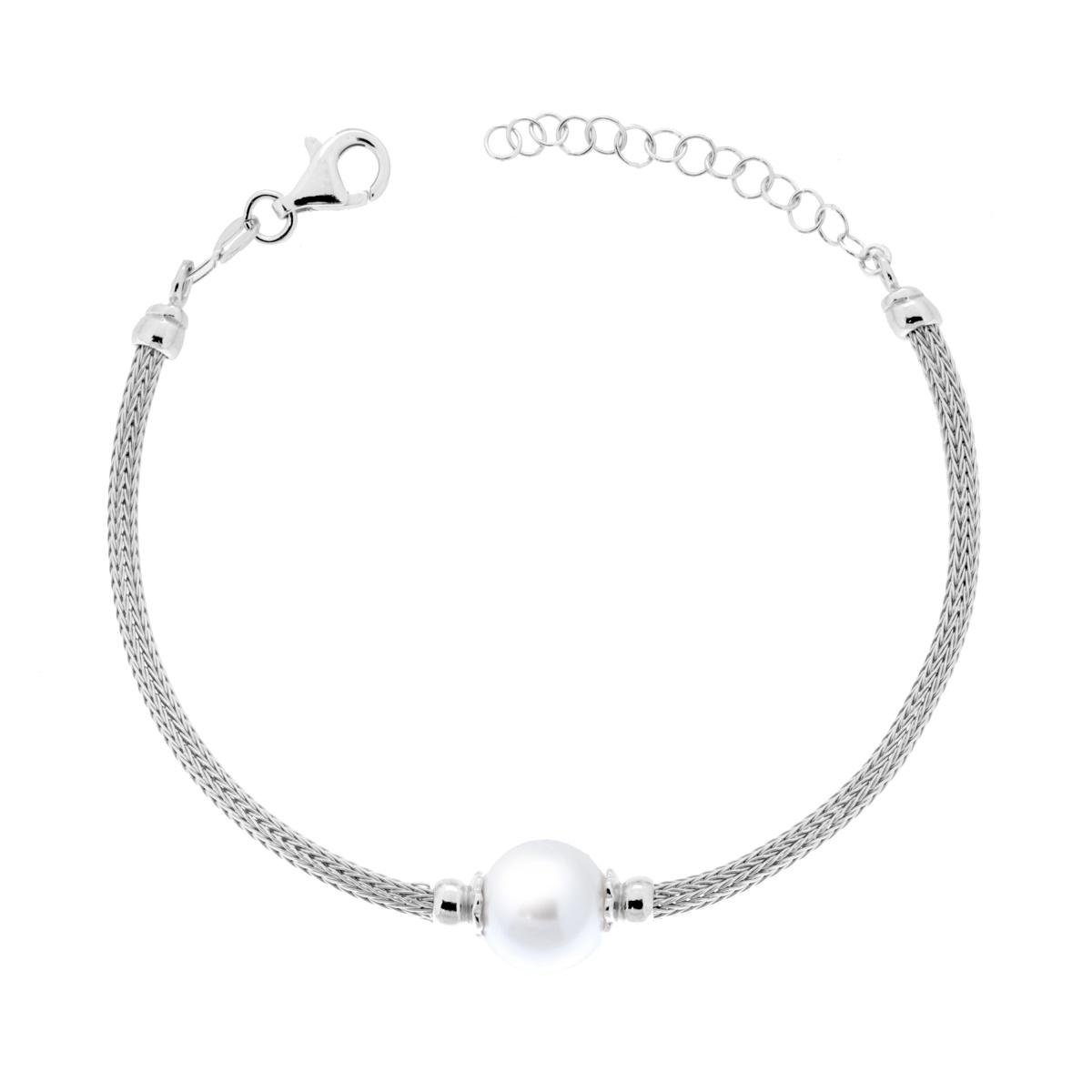 Bracciale Catena Calza con Perla mm 10 in ARGENTO 925 Galvanica Rodio