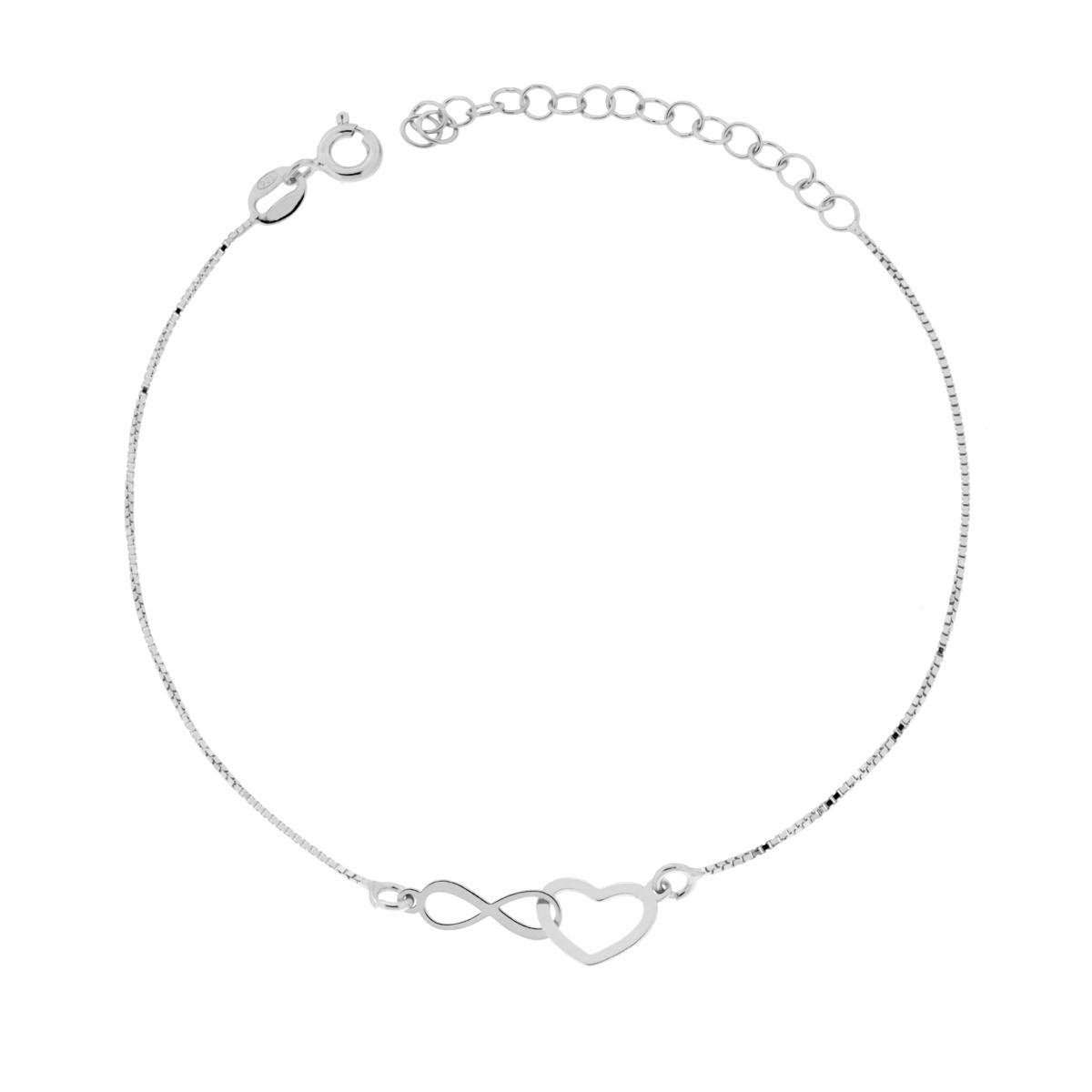 Bracciale Catena Veneziana Diamantata con Cuore e Infinito incrociati in ARGENTO 925 Galvanica Rodio