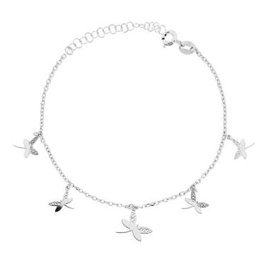 Bracciale Catena Forzatina Diamantata con Libellule pendenti in ARGENTO 925 Galvanica Rodio