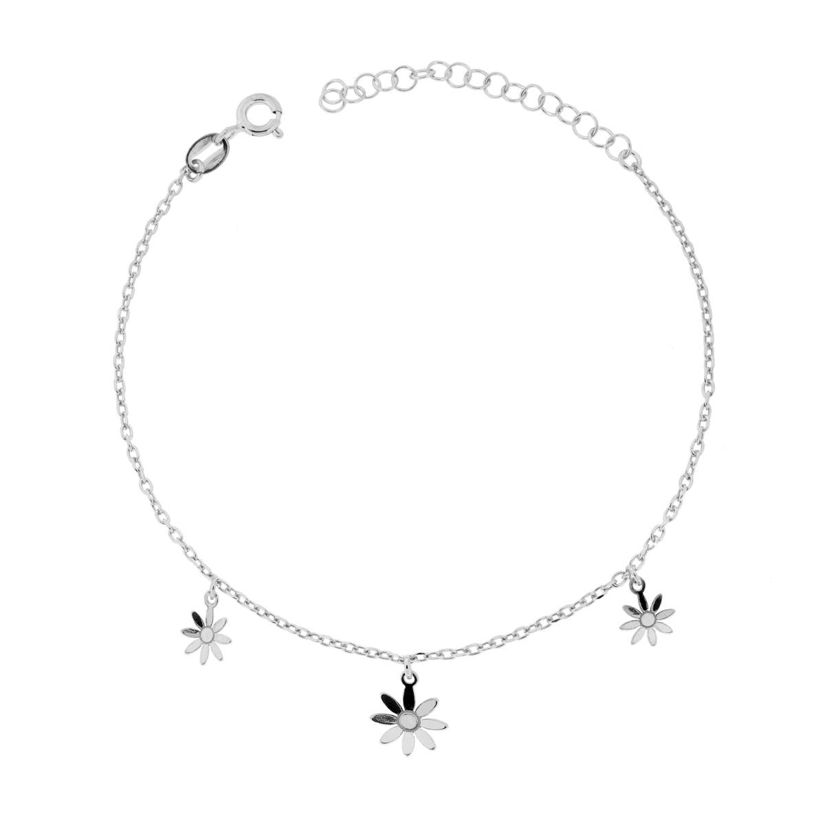 Bracciale Catena Forzatina Diamantata con Fiori pendenti in ARGENTO 925 Galvanica Rodio