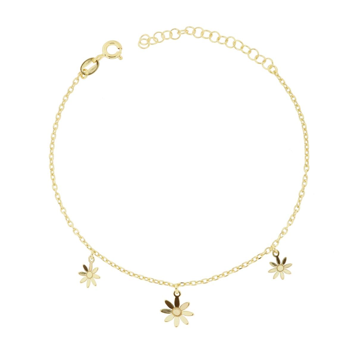 Bracciale Catena Forzatina Diamantata con Fiori pendenti in ARGENTO 925 Galvanica Oro