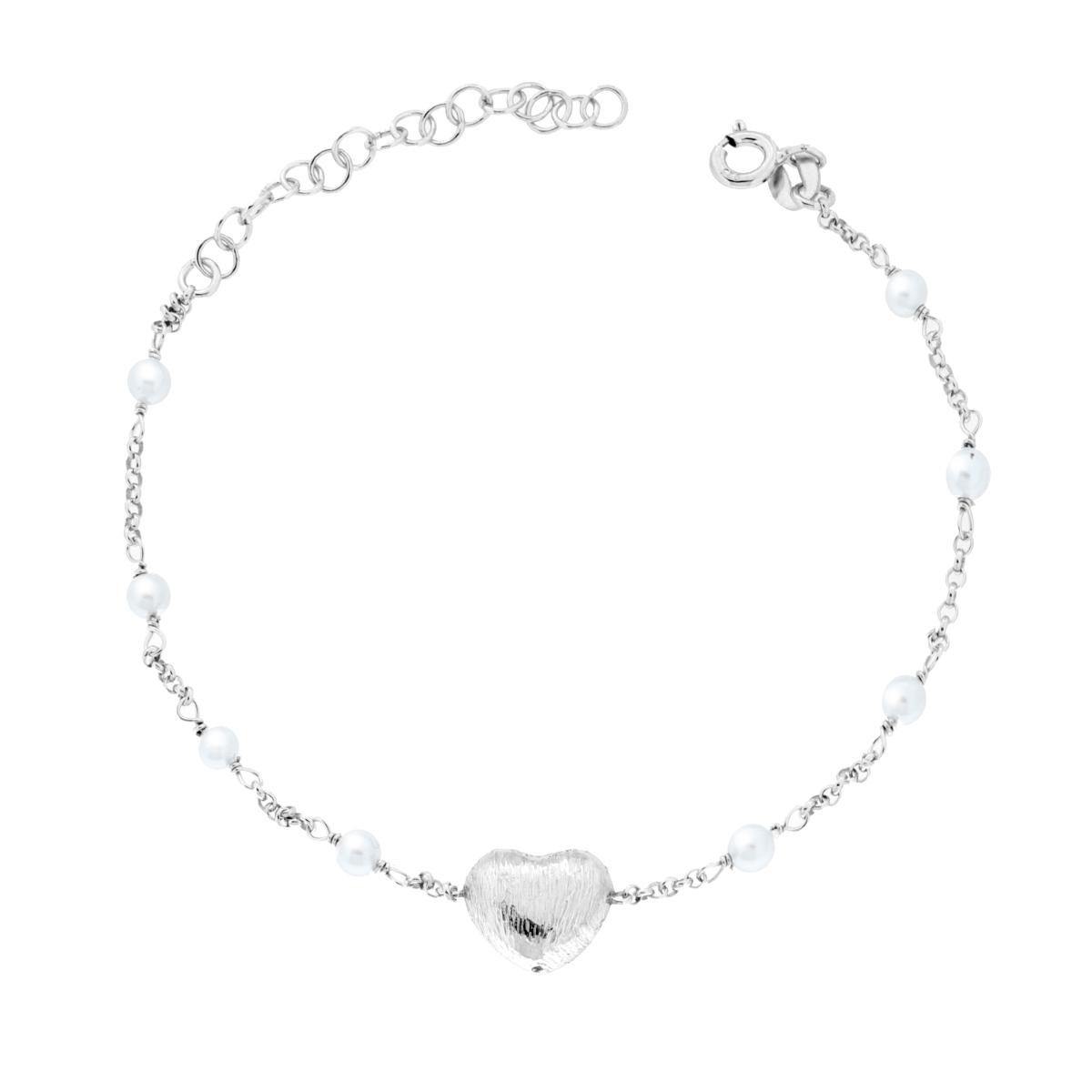 Bracciale Catena Forzatina con Cuore Bombato Spazzolato e Perle in ARGENTO 925 Galvanica Rodio