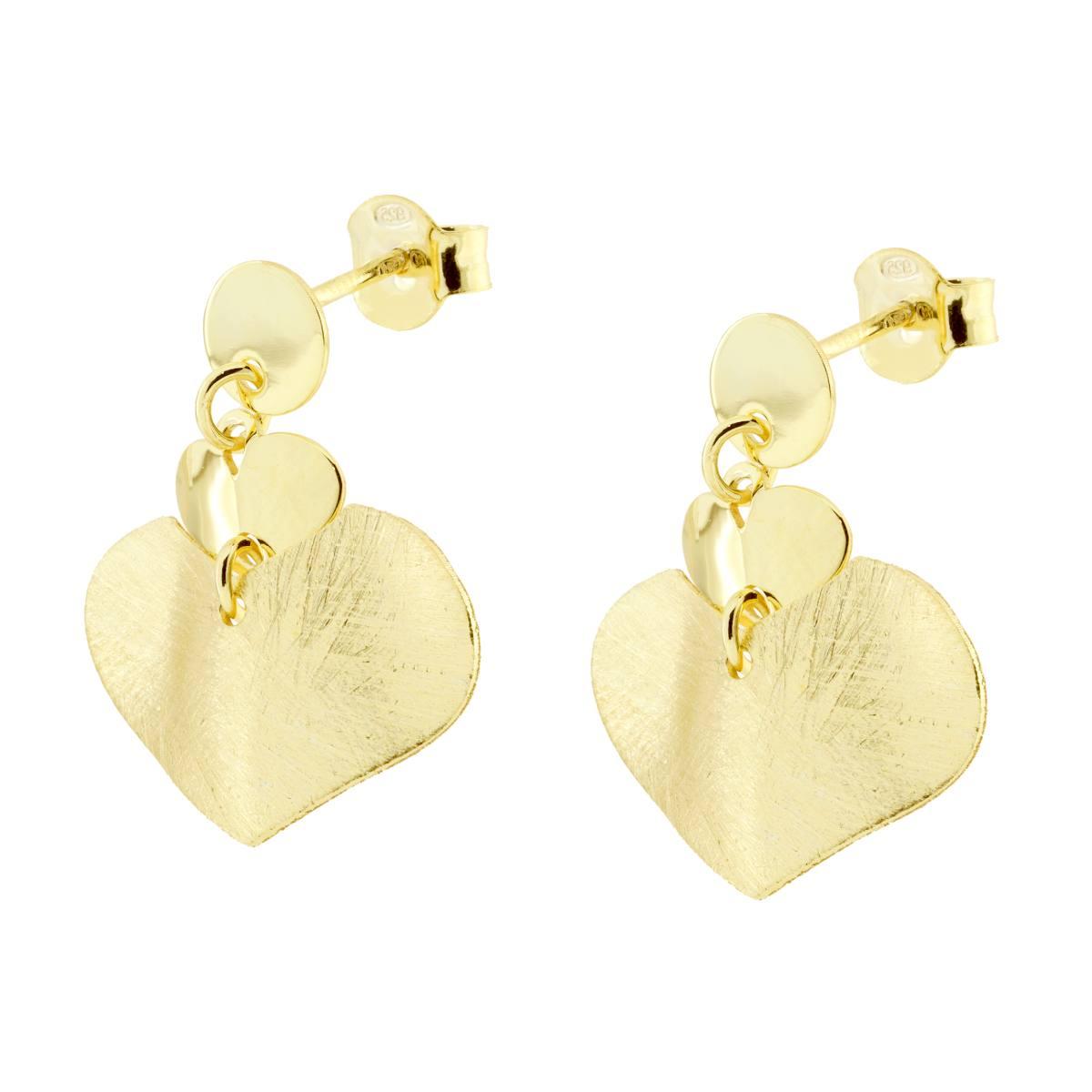 Orecchini Cuori Pendenti Spazzolati in ARGENTO 925 Galvanica Oro