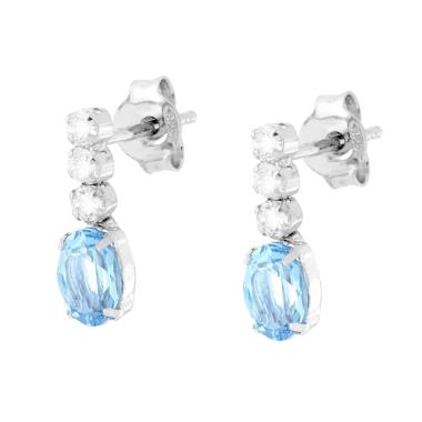 Orecchini Punto Luce Ovale Cubic Zirconia Acquamarina e Bianchi in ARGENTO 925 Galvanica Rodio