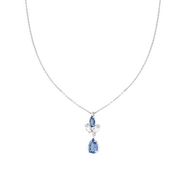 Collana Catena Forzatina Diamantata con Punto Luce pendente Marquise e Goccia Cubic Zirconia Bianco e Blu Zaffiro in ARGENTO 925 Galvanica Rodio